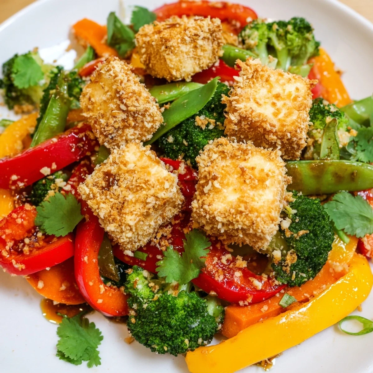 Crispy Coconut Tofu with Stir Fry Vegetables piled high over fluffy white rice, garnished with fresh cilantro.
