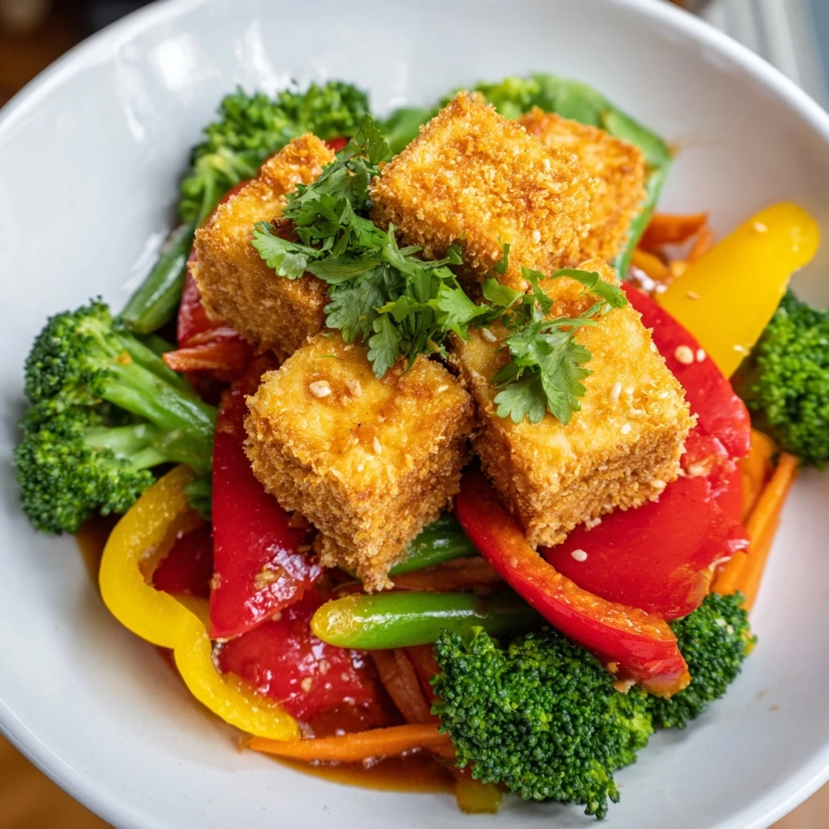 Golden-brown Crispy Coconut Tofu with Stir Fry Vegetables coated in shredded coconut, served alongside vibrant broccoli and peppers.