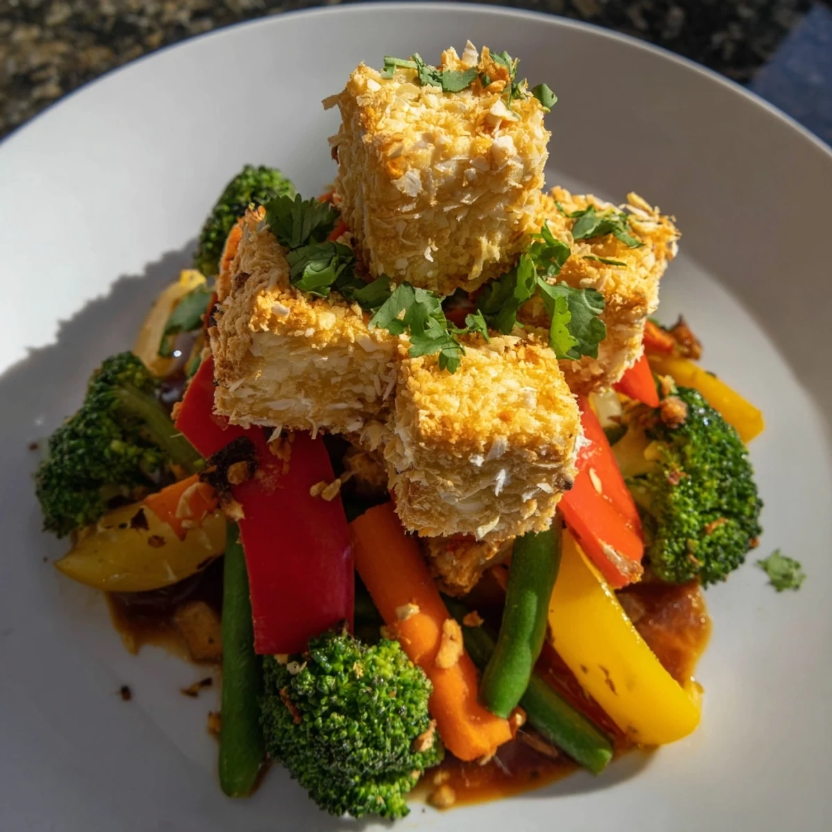 A close-up of Crispy Coconut Tofu with Stir Fry Vegetables glistening with tangy soy-ginger sauce and sesame seeds.