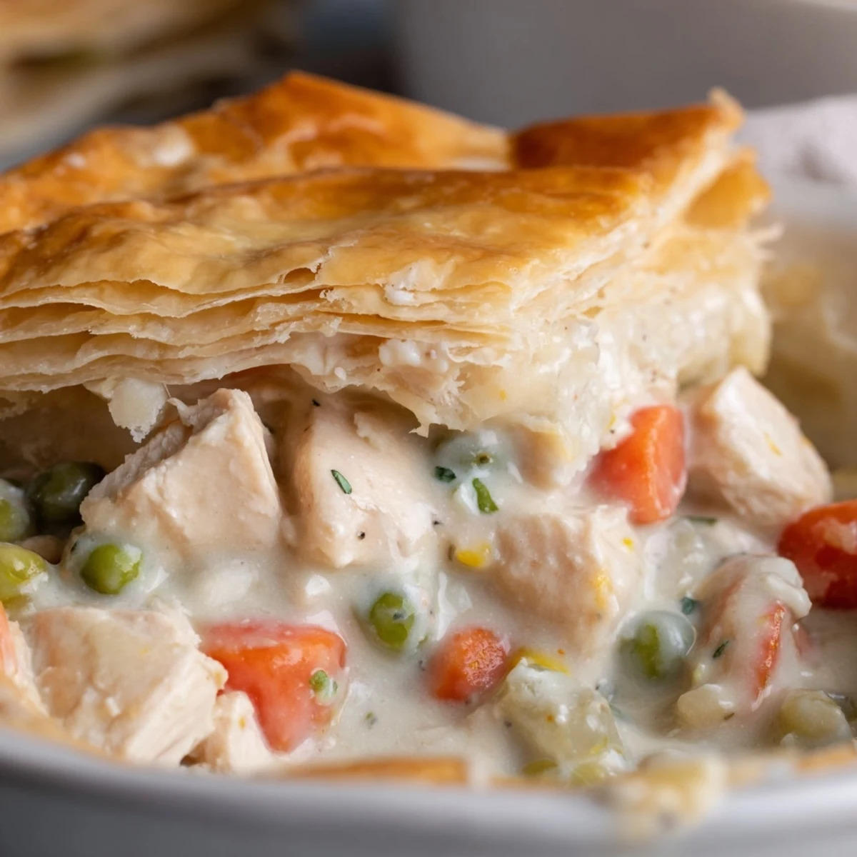A warm slice of Turkey Pot Pie reveals a creamy turkey and vegetable filling under golden pastry.