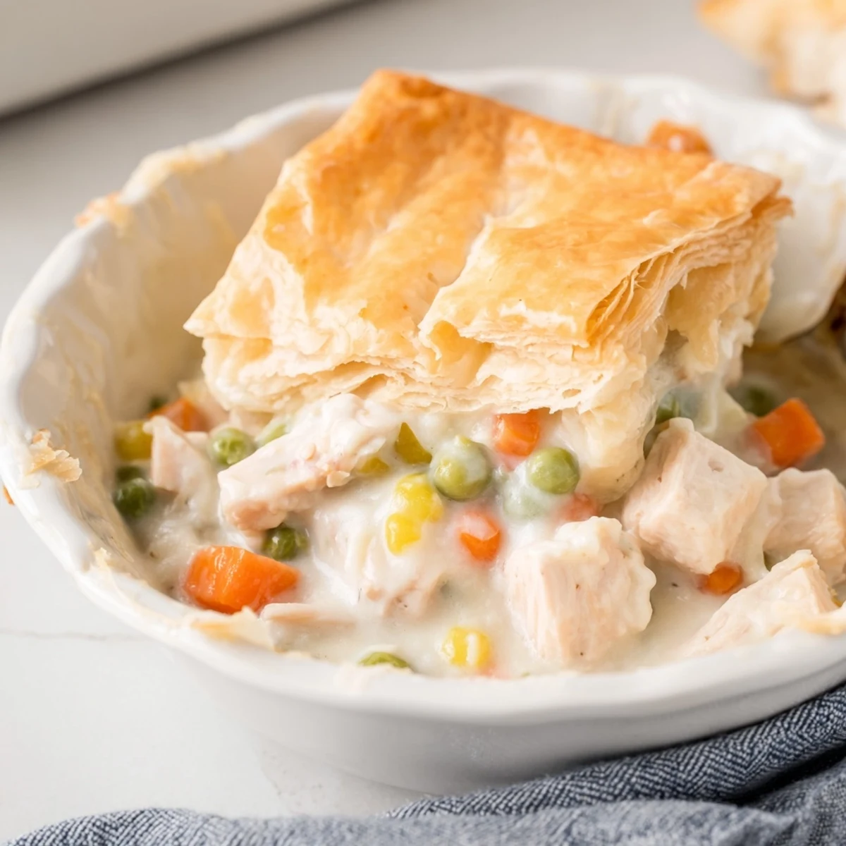 Freshly baked Turkey Pot Pie with a crisp pastry crust served alongside a crisp green salad.