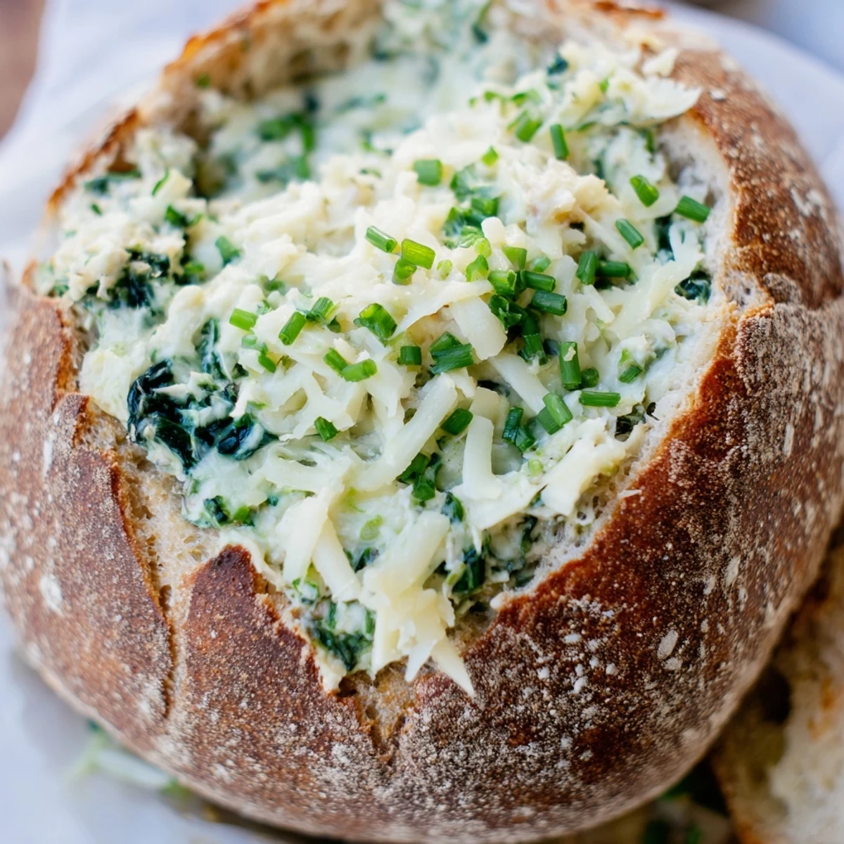 A warm Creamy Spinach Dip served in a crusty sourdough bread bowl, topped with fresh chives.