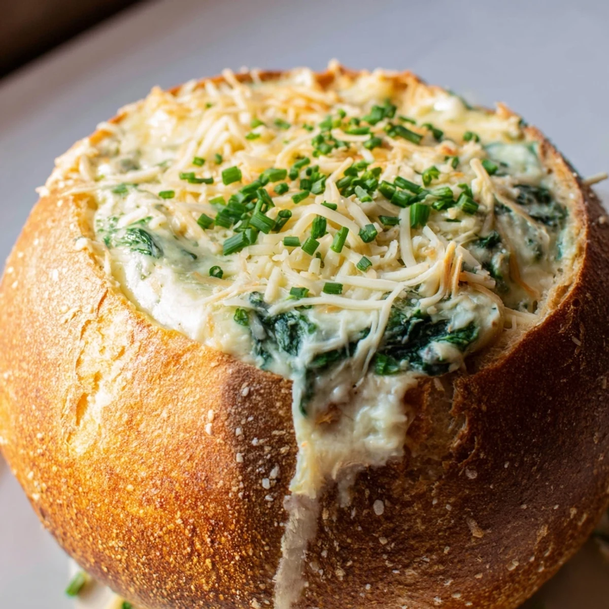 Crusty sourdough bread bowl holds a rich, velvety Creamy Spinach Dip for easy party dipping.