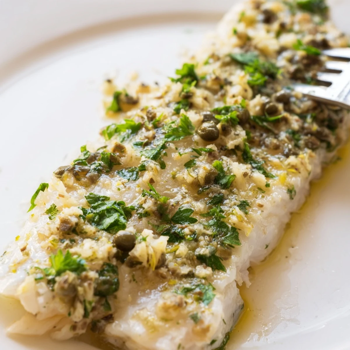Flaky Baked Haddock with Lemon and Capers garnished with fresh parsley and lemon slices on a ceramic platter.