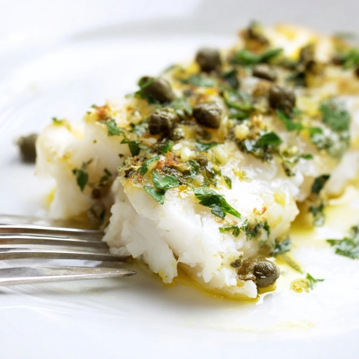 Tender fillets of Baked Haddock with Lemon and Capers baked until opaque, served alongside colorful steamed green beans.