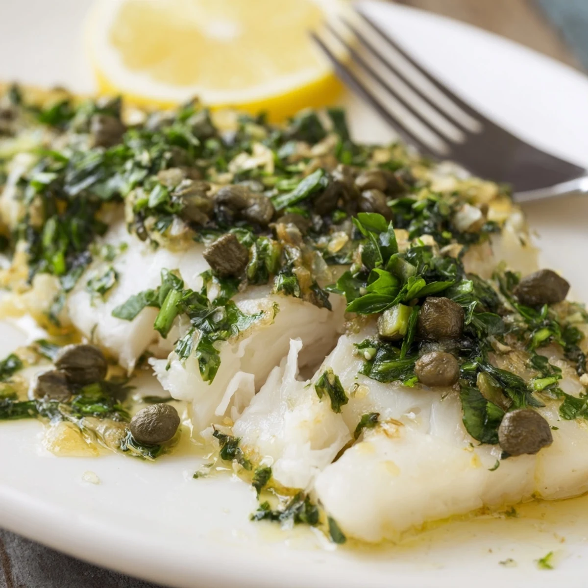 Freshly prepared Baked Haddock with Lemon and Capers topped with briny capers and zesty lemon zest for a light dinner.