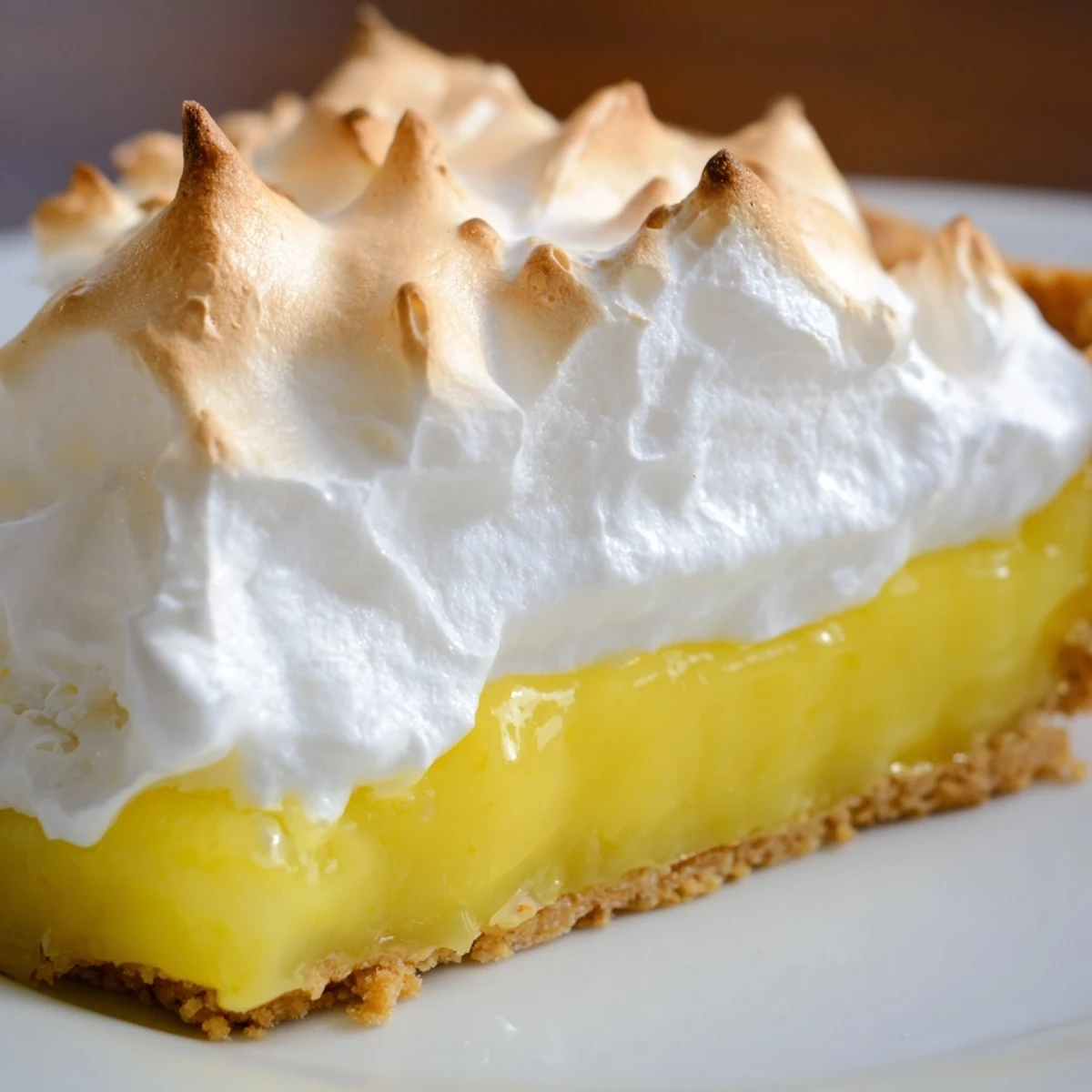 Freshly baked Lemon Meringue Pie with graham cracker crust, featuring golden-brown toasted peaks and a bright lemon yellow filling.