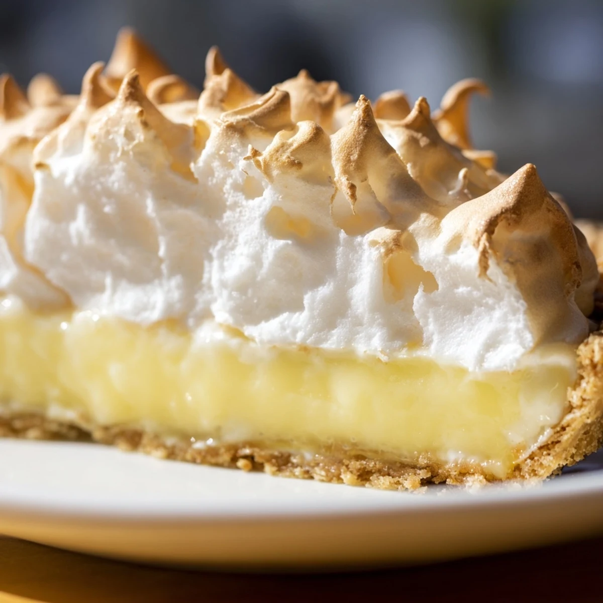 Sliced wedge of homemade Lemon Meringue Pie on a white plate, showcasing the fluffy meringue and crisp graham cracker base.