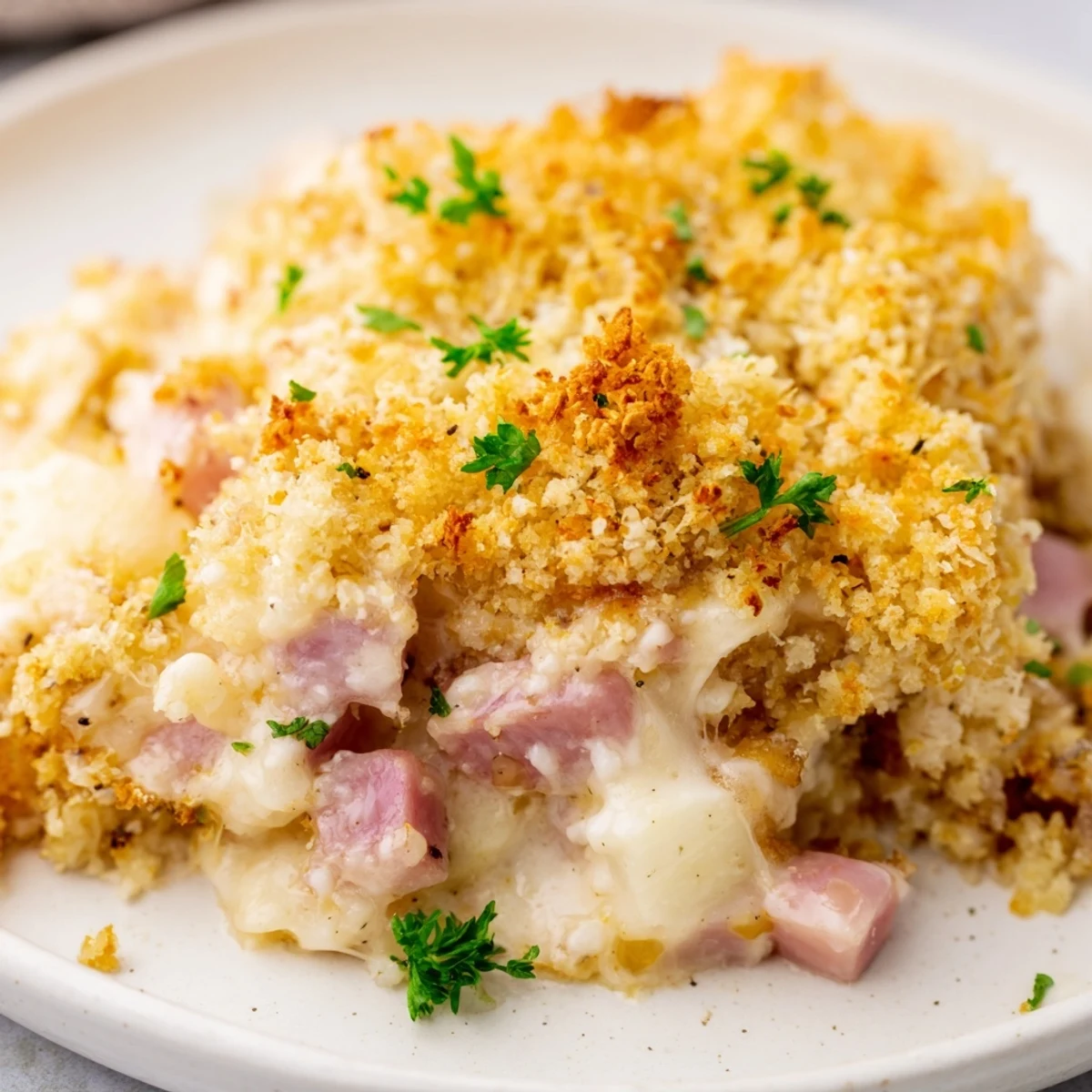 A serving of Chicken Cordon Bleu Casserole with Breadcrumbs is plated with fresh salad, showcasing layers of ham and cheese.