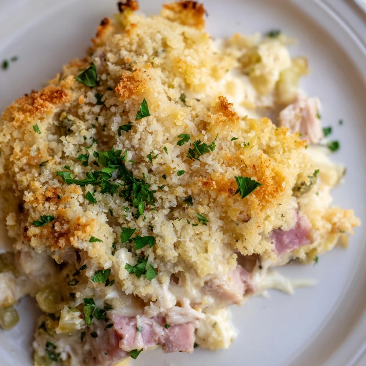 Freshly baked Chicken Cordon Bleu Casserole with Breadcrumbs is bubbling in a baking dish, revealing golden, toasted crumbs.