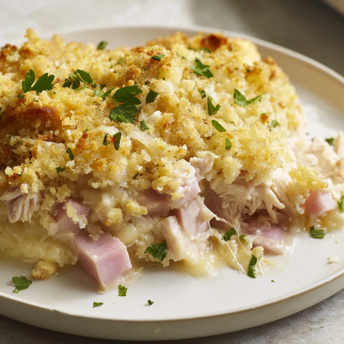 Close-up view of Chicken Cordon Bleu Casserole with Breadcrumbs highlighting the creamy sauce and crispy, buttery Panko topping.