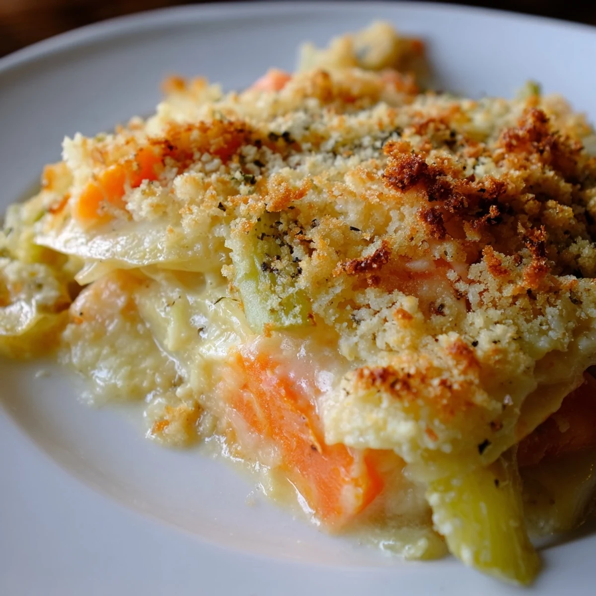 Sliced carrots and celery root layered in Winter Vegetable Gratin with Gruyere cheese, drizzled in creamy sauce.