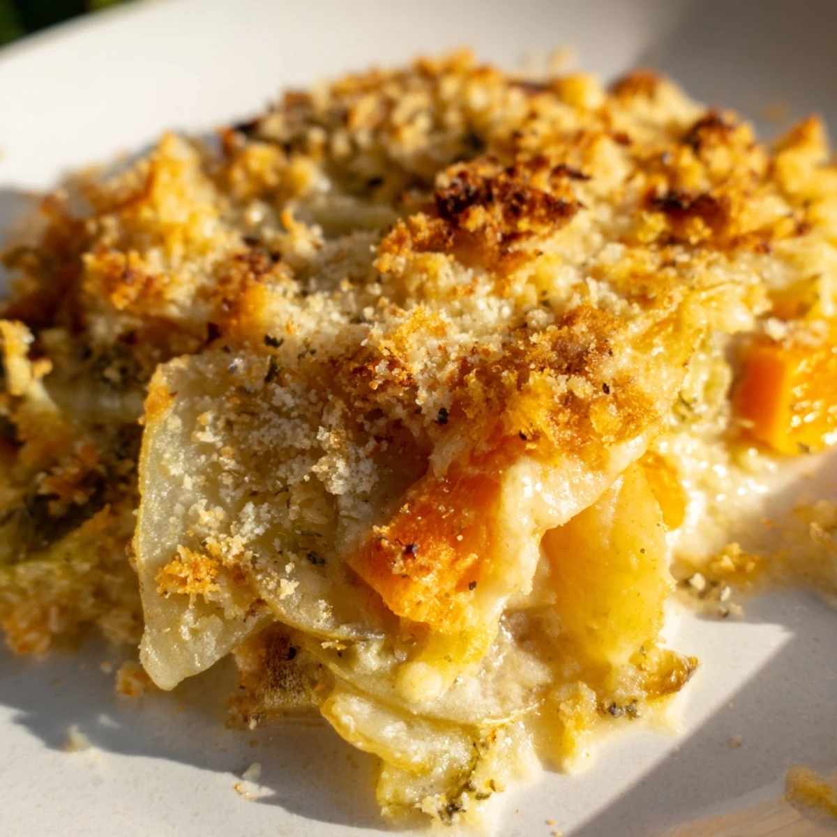 Winter Vegetable Gratin with Gruyere cheese served warm as a cozy side dish for a winter dinner.