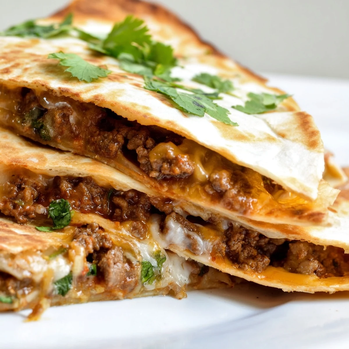 Golden-brown Cheesy Beef and Bean Quesadillas sit on a rustic wooden board with a dollop of sour cream.