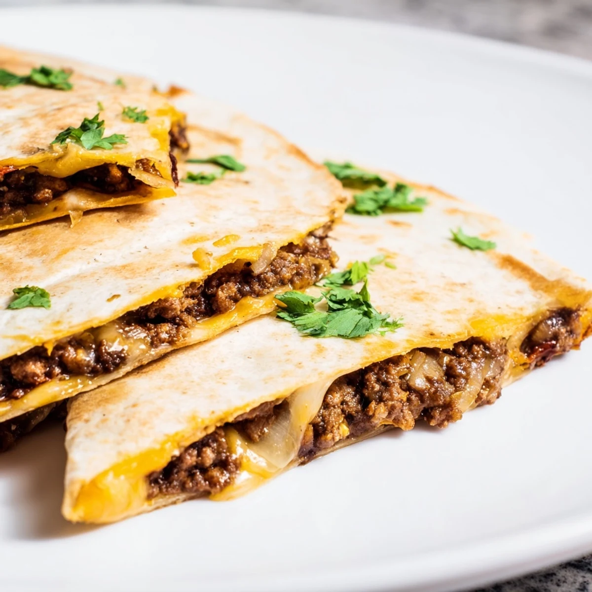 Fresh cilantro and sliced jalapeños garnish the plate of warm Cheesy Beef and Bean Quesadillas.
