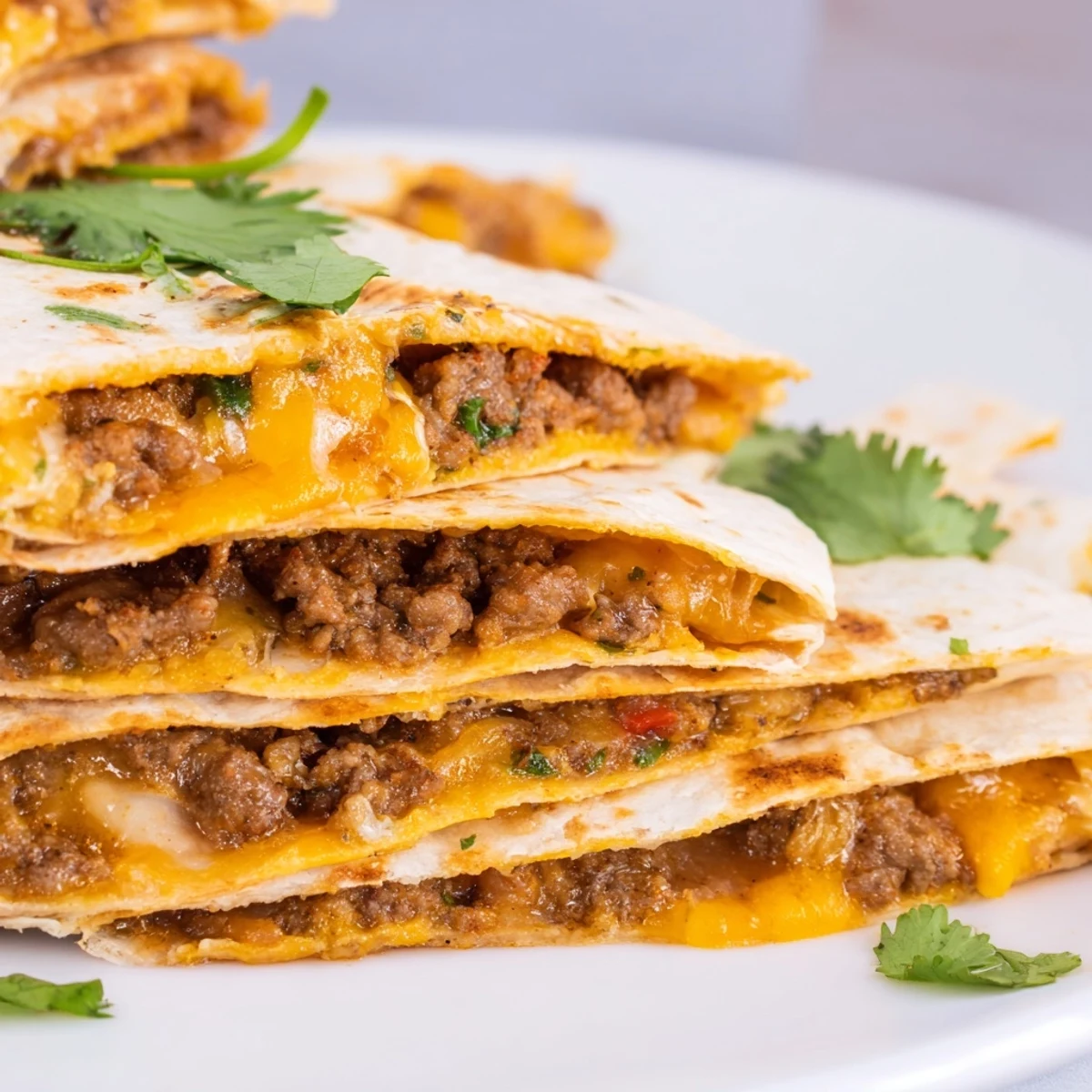 Melted cheddar and Monterey Jack cheese oozes from the crispy tortilla of a homemade Cheesy Beef and Bean Quesadilla.