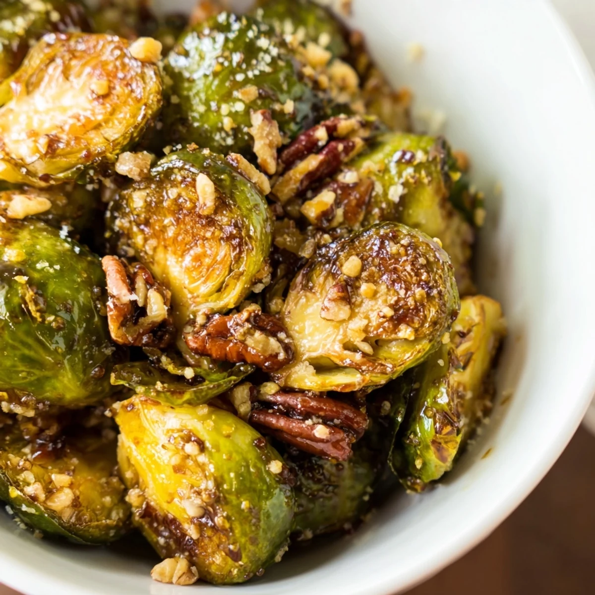 A side dish of Crispy Brussels Sprouts with Maple Syrup topped with pecans.