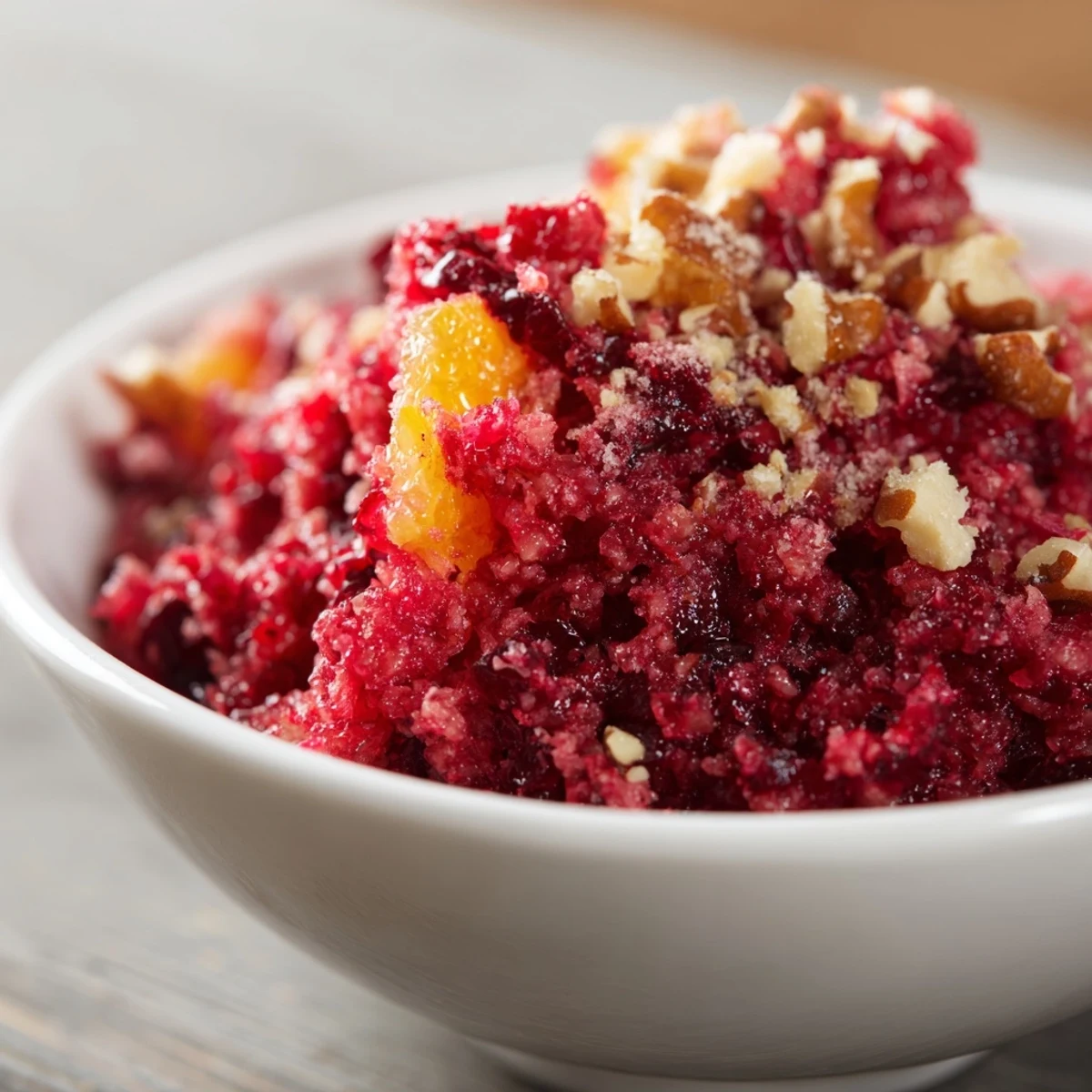 Bright red Cranberry Orange Relish with Ginger is spooned from a glass bowl, ready to serve chilled.