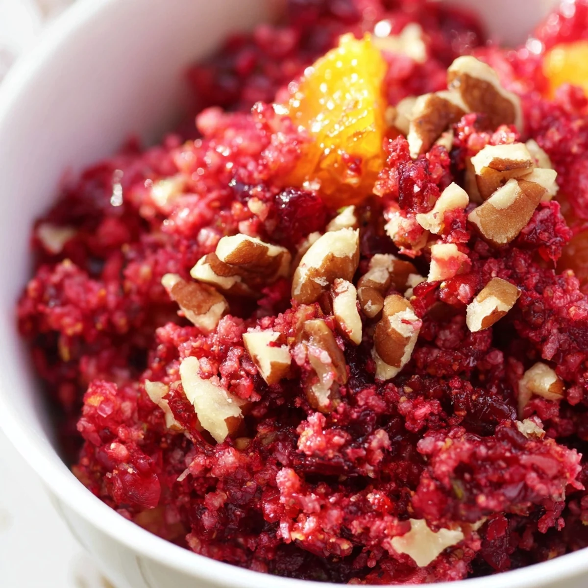 Freshly made Cranberry Orange Relish with Ginger featuring chopped cranberries and orange zest, perfect for holiday dinners.