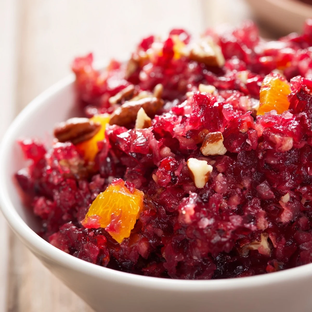 Chunky homemade Cranberry Orange Relish with Ginger garnished with walnuts, ideal as a tangy condiment or spread.