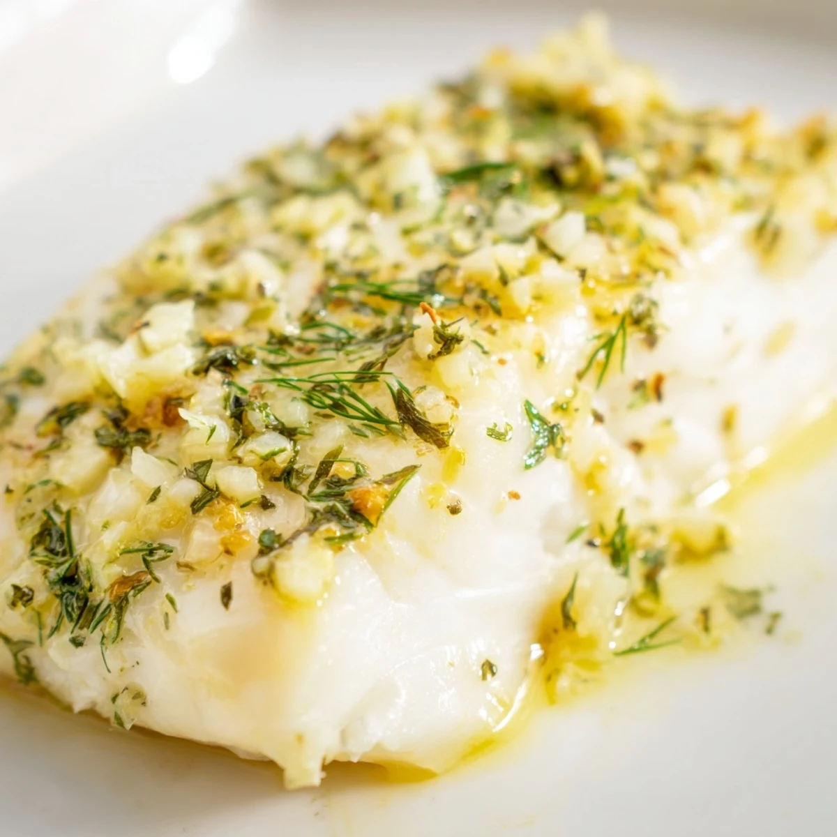 Flaky baked halibut fillet topped with bright lemon herb butter, served alongside roasted potatoes and fresh asparagus.