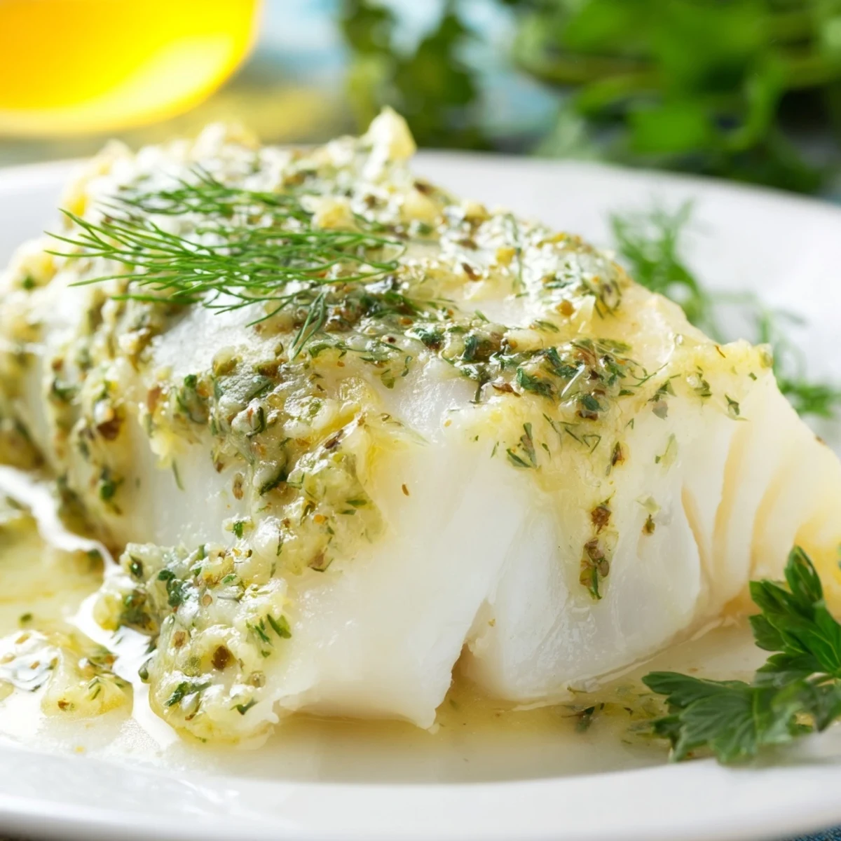 Golden Baked Halibut with Lemon Herb Butter garnished with parsley and lemon wedges on a rustic white plate.