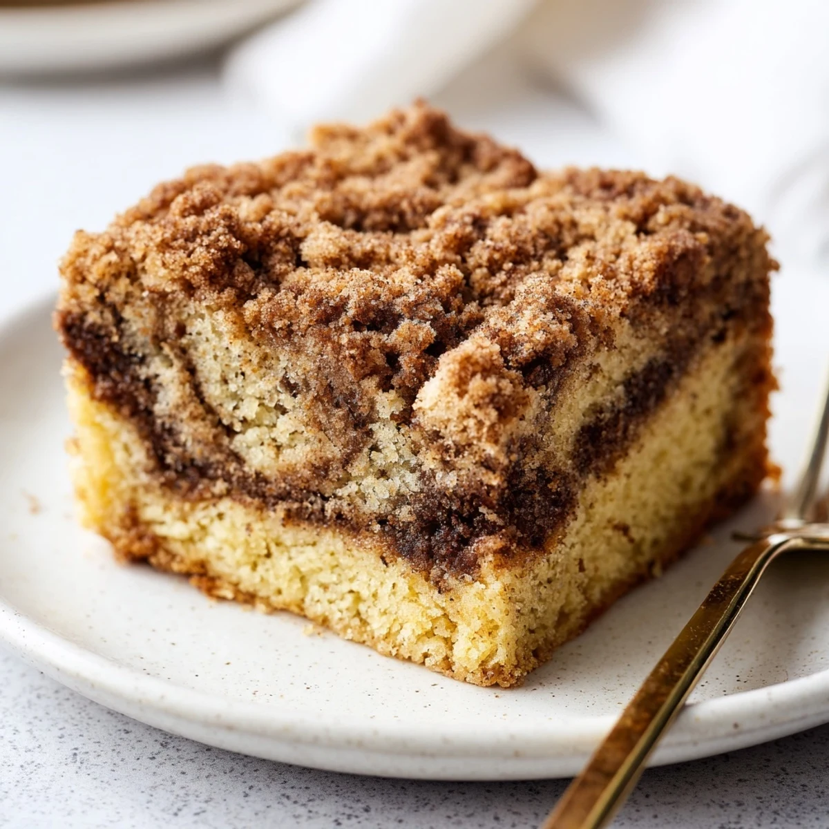 Freshly baked Cinnamon Swirl Coffee Cake with Crumble shows a golden, crackly top and visible cinnamon layers on a cooling rack.