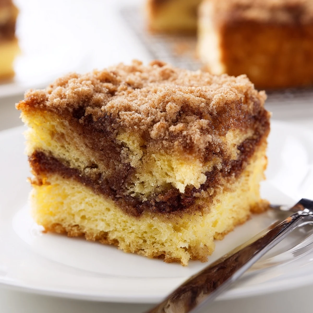 A slice of Cinnamon Swirl Coffee Cake with Crumble reveals moist crumbs and a buttery streusel topping, ready for an afternoon treat.