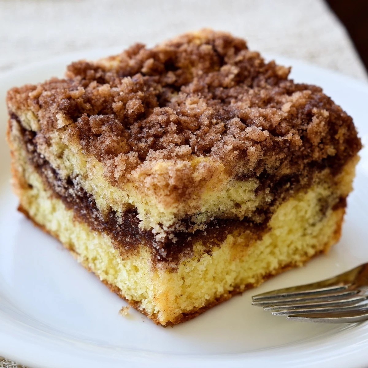 Close-up of Cinnamon Swirl Coffee Cake with Crumble, showcasing a tender interior with rich cinnamon swirls and a rustic crumble finish.