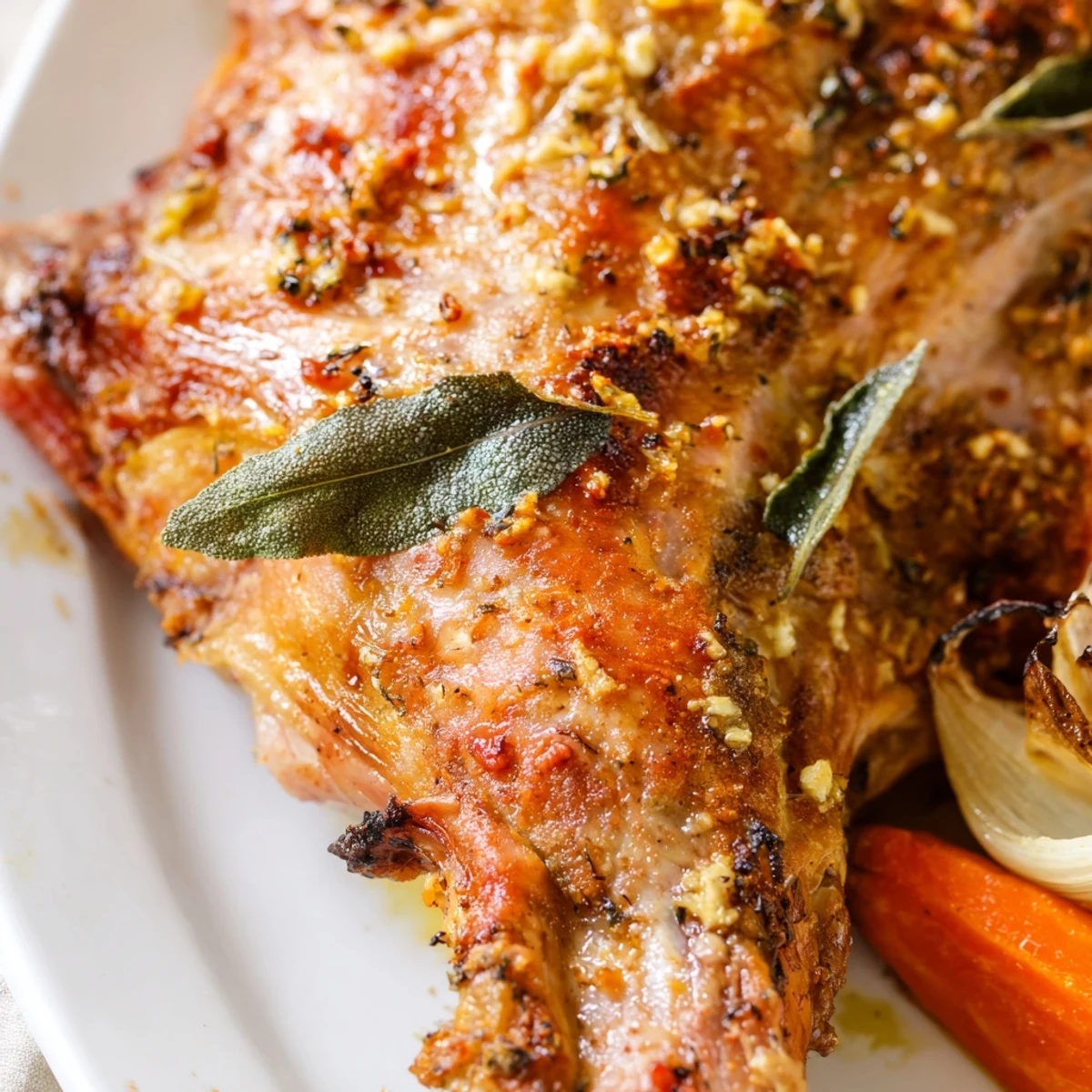Golden-brown, fall-off-the-bone Slow Roasted Turkey Legs with Sage resting on a bed of tender vegetables, glistening with pan juices.