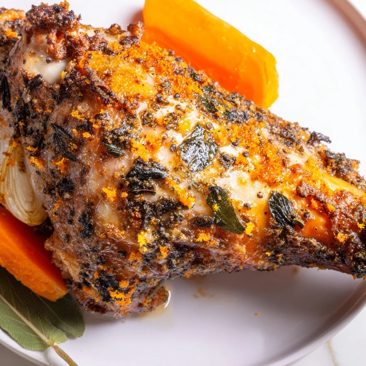 Freshly baked Slow Roasted Turkey Legs with Sage, featuring crispy skin and aromatic herbs, served alongside carrots and onions.