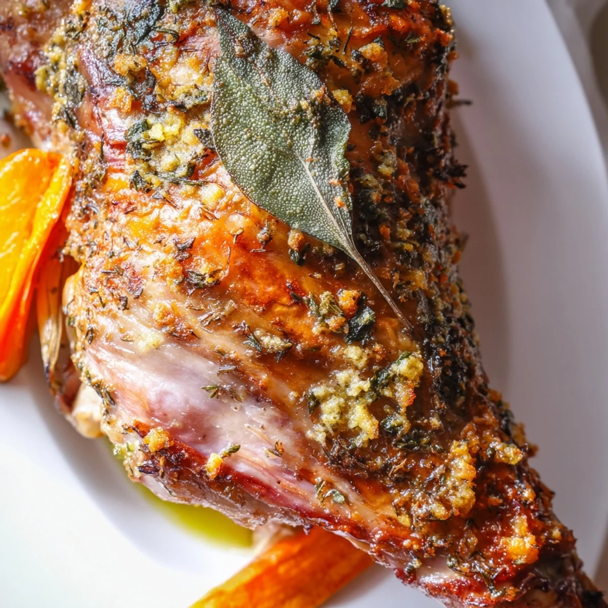 Homestyle Slow Roasted Turkey Legs with Sage plated for a cozy dinner, garnished with fresh sage and a lemon wedge.