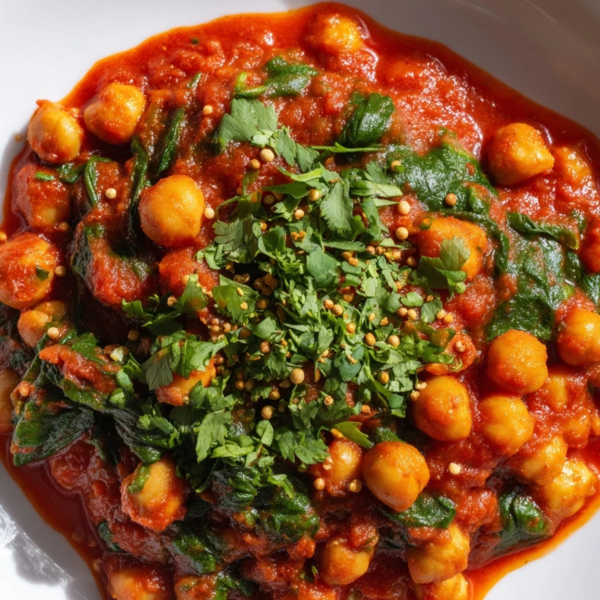 A hearty bowl of Spicy Chickpea and Spinach Curry served over fluffy basmati rice.