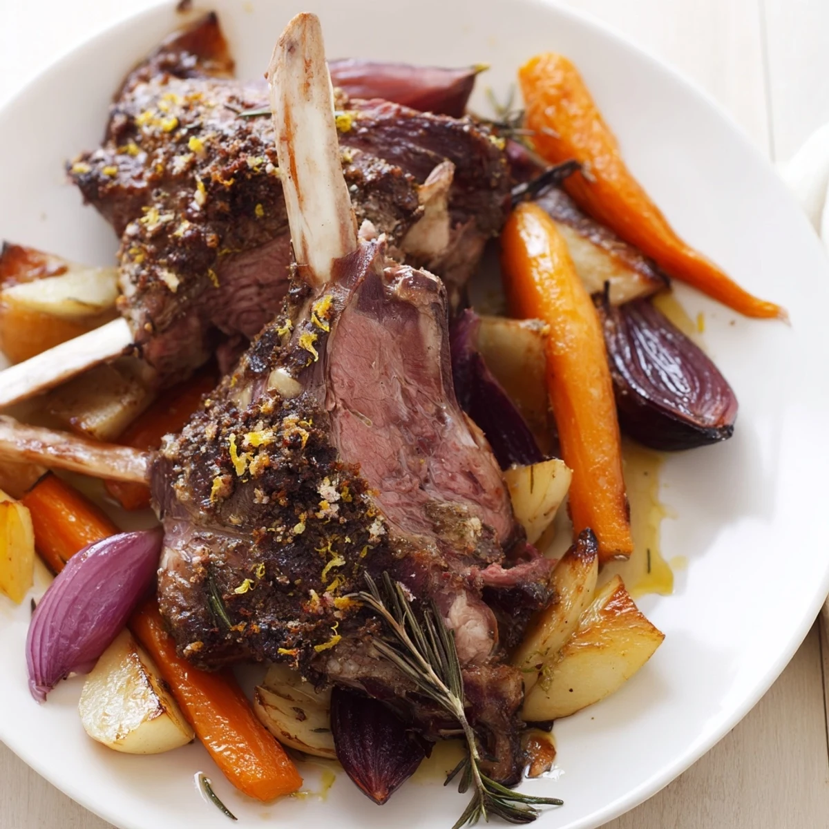 A beautifully plated Roasted Lamb Shoulder with Vegetables featuring tender, shredded lamb next to caramelized root vegetables and potatoes in pan juices.