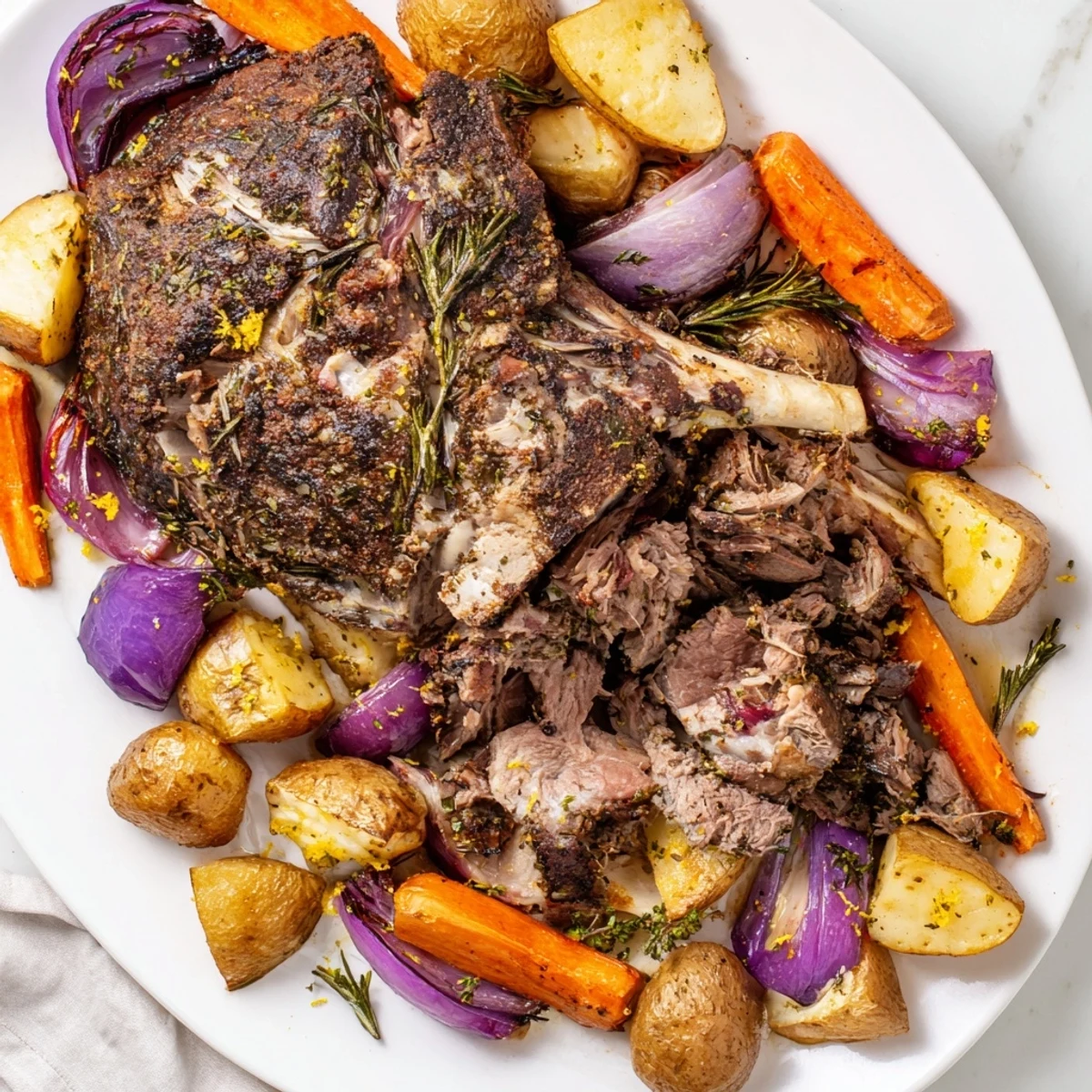 A close-up of Roasted Lamb Shoulder with Vegetables showing golden, crispy potatoes, carrots, and rosemary, ready for a hearty family dinner.