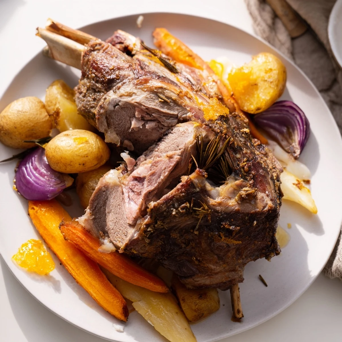 Perfectly carved slices of Roasted Lamb Shoulder with Vegetables served on a rustic board with fresh herbs and roasted lemon wedges.