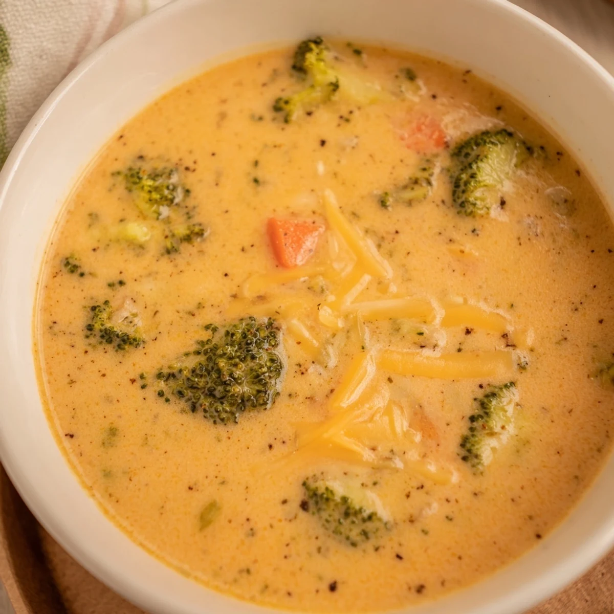 Steamy bowl of Creamy Broccoli and Cheddar Soup garnished with extra cheese.