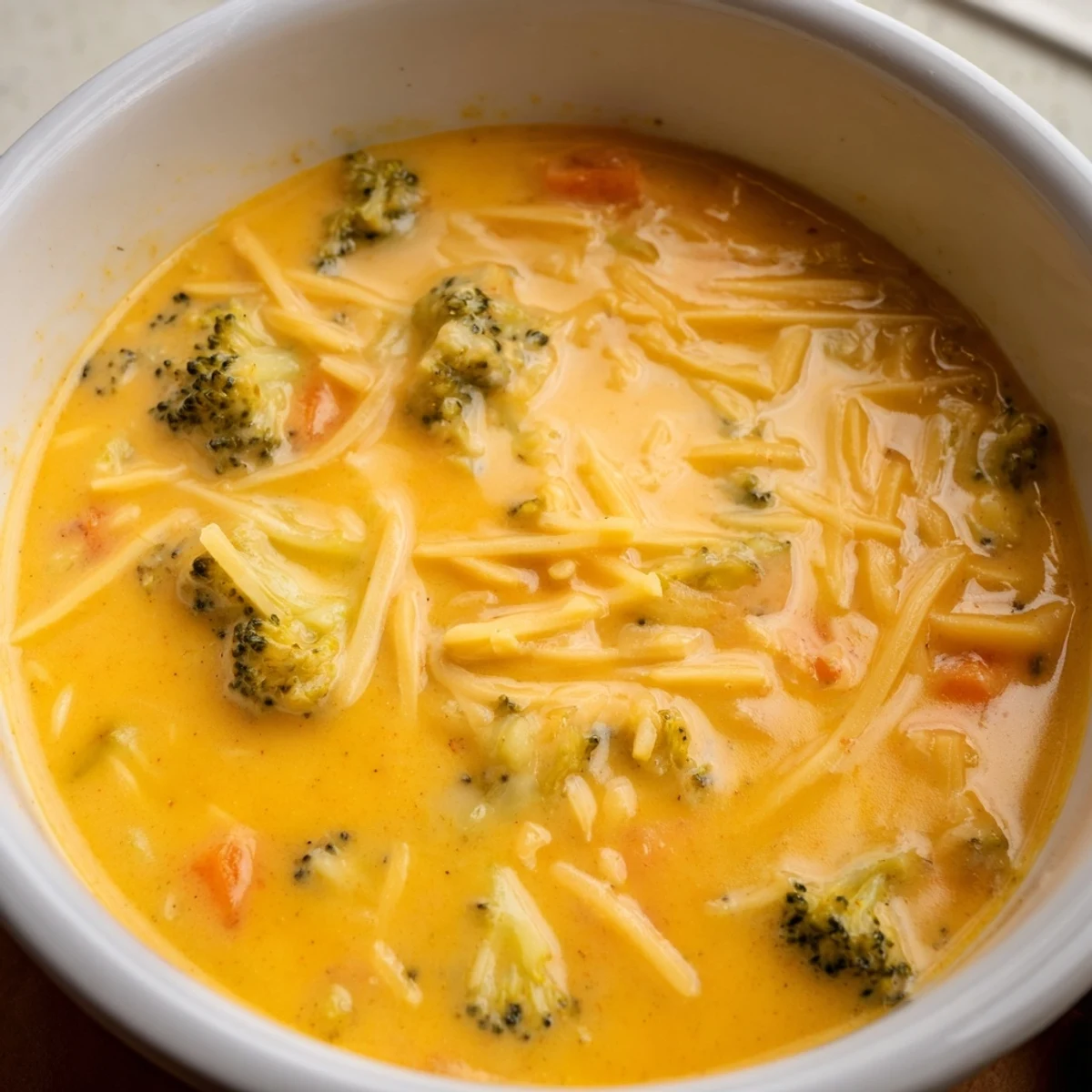 Velvety Creamy Broccoli and Cheddar Soup served with crusty artisan bread.