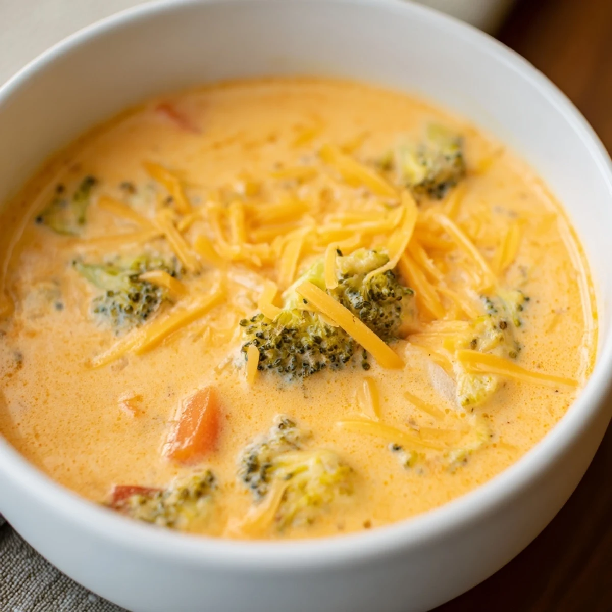 Comforting Creamy Broccoli and Cheddar Soup with tender broccoli florets in spoon.