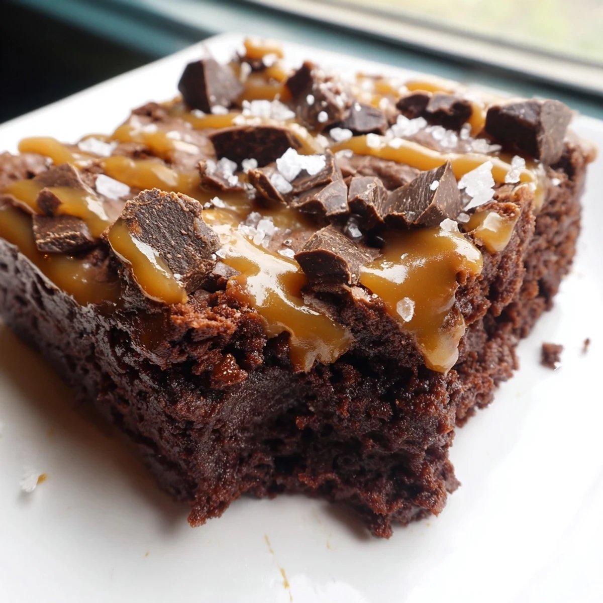 Freshly baked Chocolate Fudge Brownies with Salted Caramel served warm, topped with creamy vanilla ice cream melting on top.