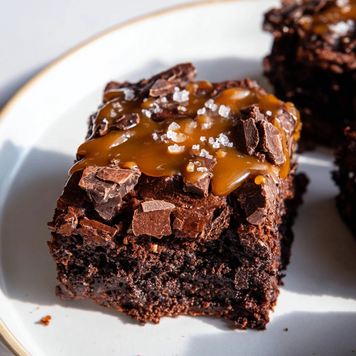 Decadent homemade Chocolate Fudge Brownies with Salted Caramel, featuring a gooey swirl and rich, melted dark chocolate chunks.
