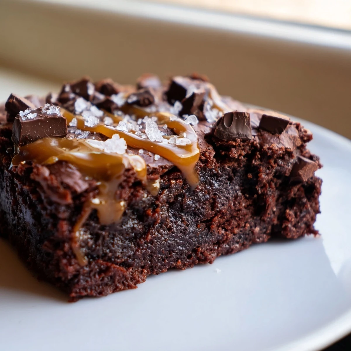 Close-up texture shot of fudgy Chocolate Fudge Brownies with Salted Caramel, showing a marbled interior and flaky sea salt finish.