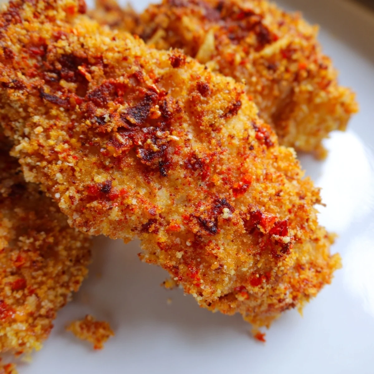Golden chicken tenders with Crispy Breadcrumb Coating resting on a baking sheet, garnished with parsley.
