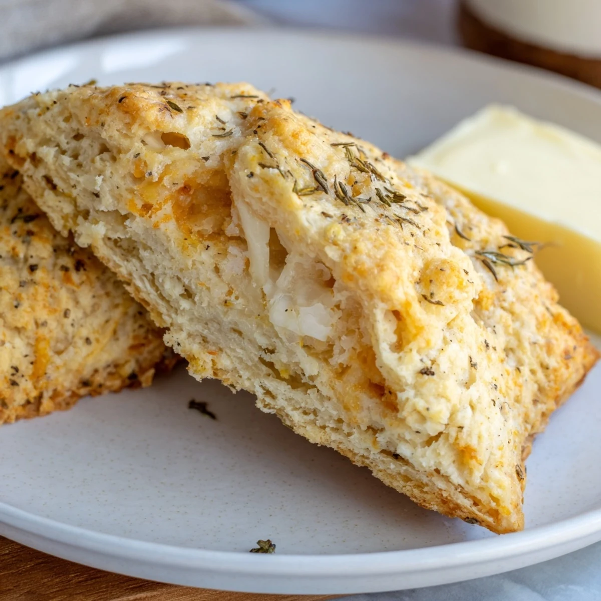 Golden-brown Savory Cheese Scones fresh from the oven, featuring melted cheddar and a hint of thyme on a cooling rack.