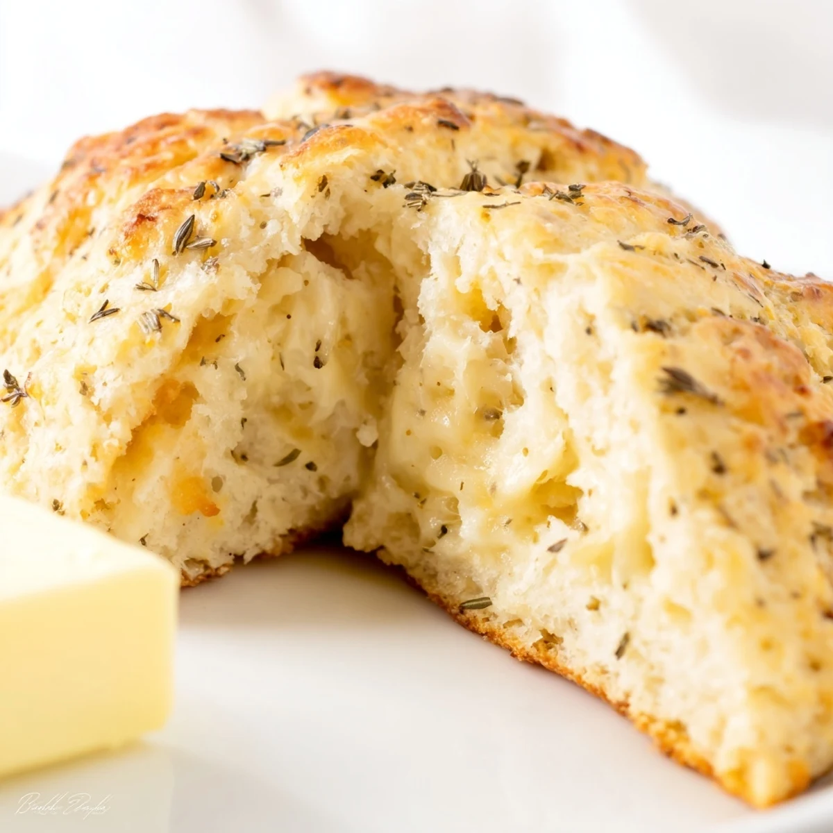 Rustic Savory Cheese Scones with flaky layers, served warm beside a dollop of crème fraîche and a spread of butter.
