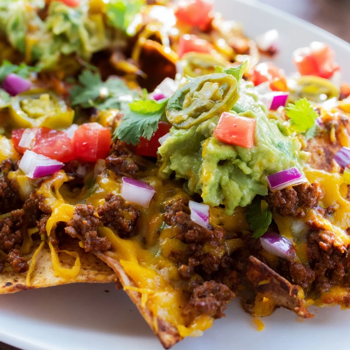 A close-up of Tex-Mex Beef Nachos with Guacamole shows melted cheddar, seasoned meat, and chunky avocado dip on crunchy tortilla chips.