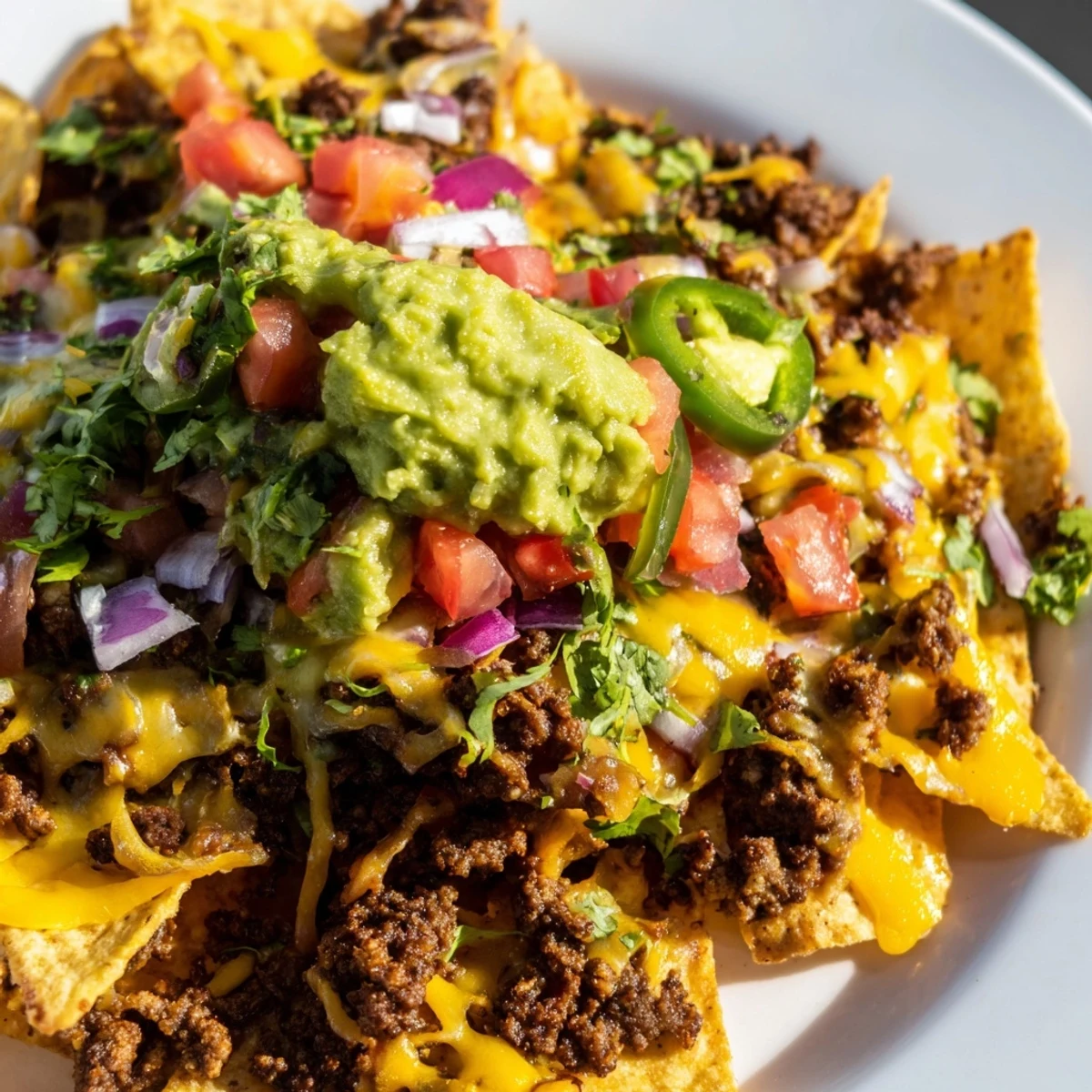 Freshly baked Beef Nachos with Guacamole feature crispy tortilla chips layered with spiced ground beef, melted cheese, and a dollop of creamy avocado topping.