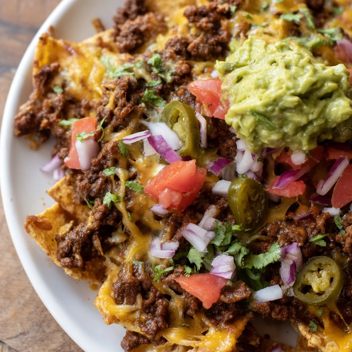 Golden, cheesy Beef Nachos with Guacamole are served hot from the oven, garnished with diced tomatoes, jalapeños, and fresh cilantro for color.
