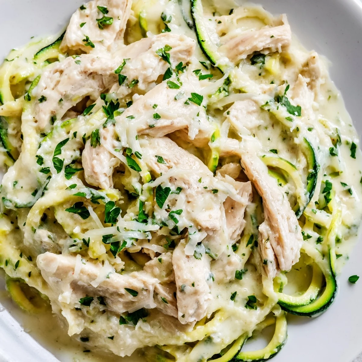 Creamy Chicken Alfredo with Zucchini Noodles served warm topped with parsley and extra Parmesan.