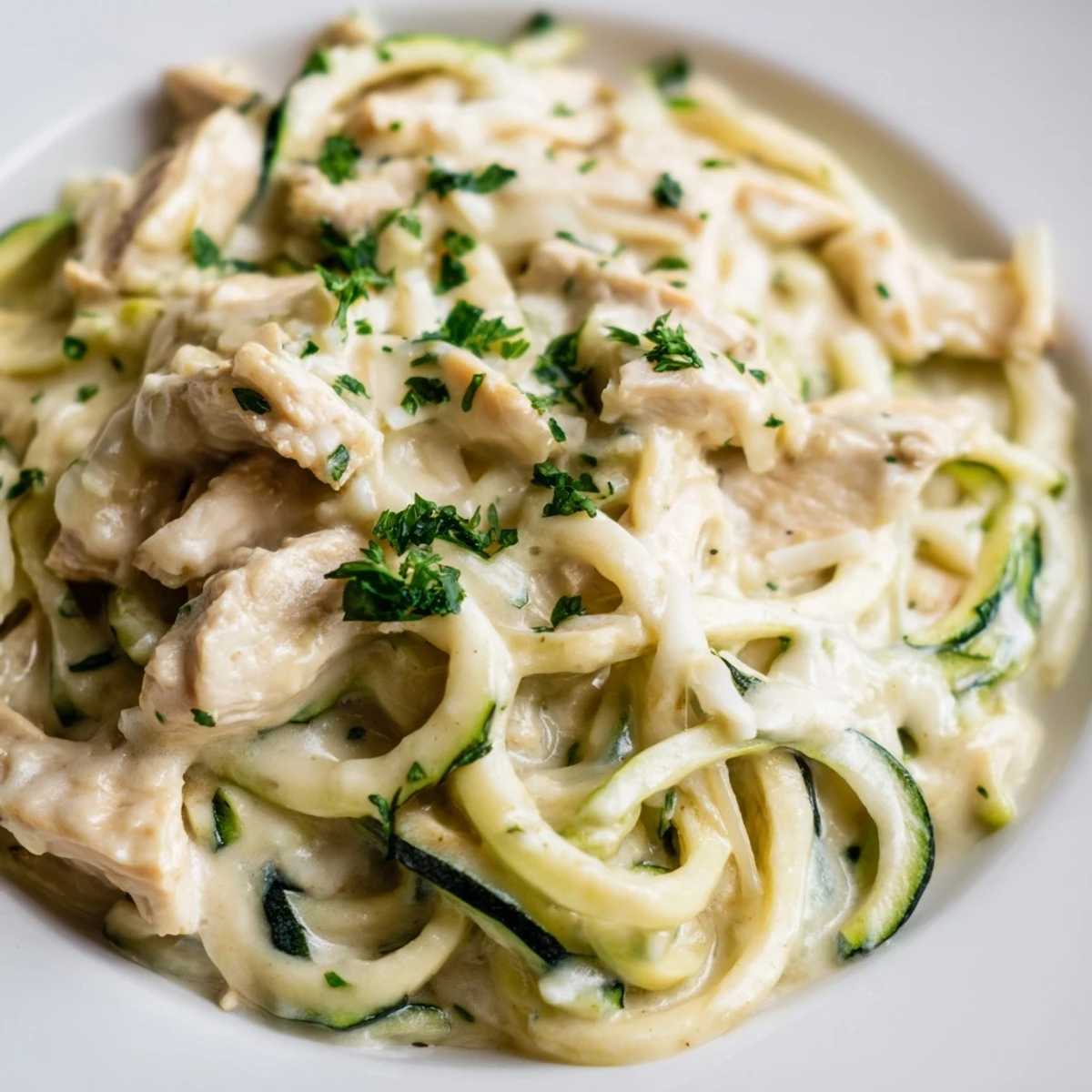 Tender chicken strips coated in garlic Alfredo sauce alongside sautéed zucchini noodles on a white plate.
